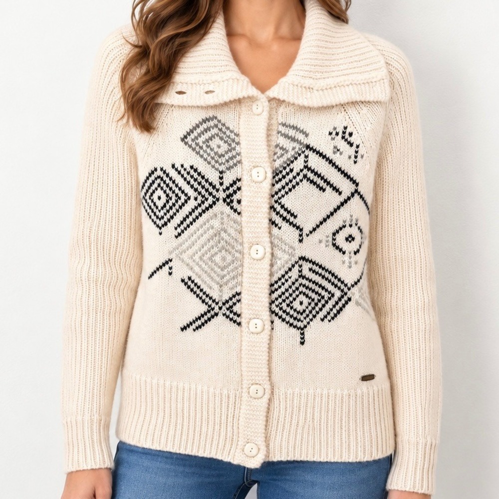 Columbia Sportswear Womens XL Cream Geometric Knit Button Front Cardigan Sweater